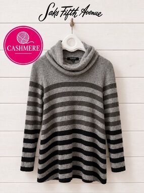 Saks Fifth Avenue 100% Cashmere Striped Cowlneck Tunic Sweater size M